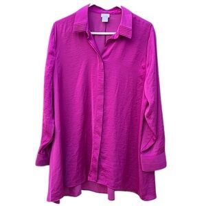 Chico’s Size 16/18 Contemporary Magenta Long Sleeve Satin Tunic Button Down.